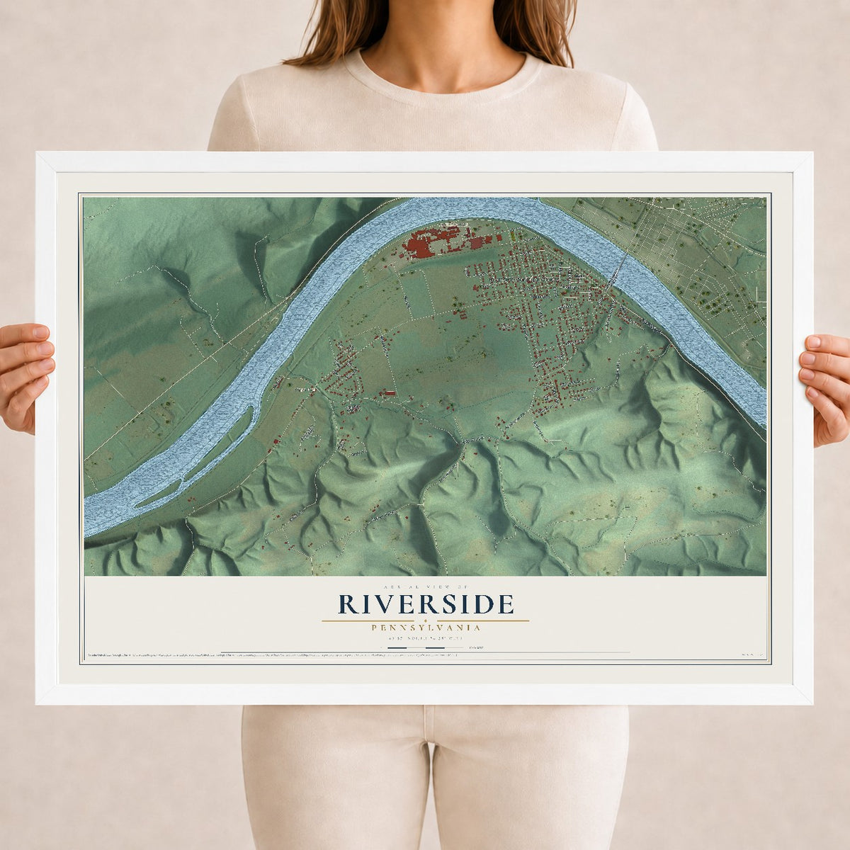 Map of Riverside, Pennsylvania, 18 x 24 inch print in a white wood frame