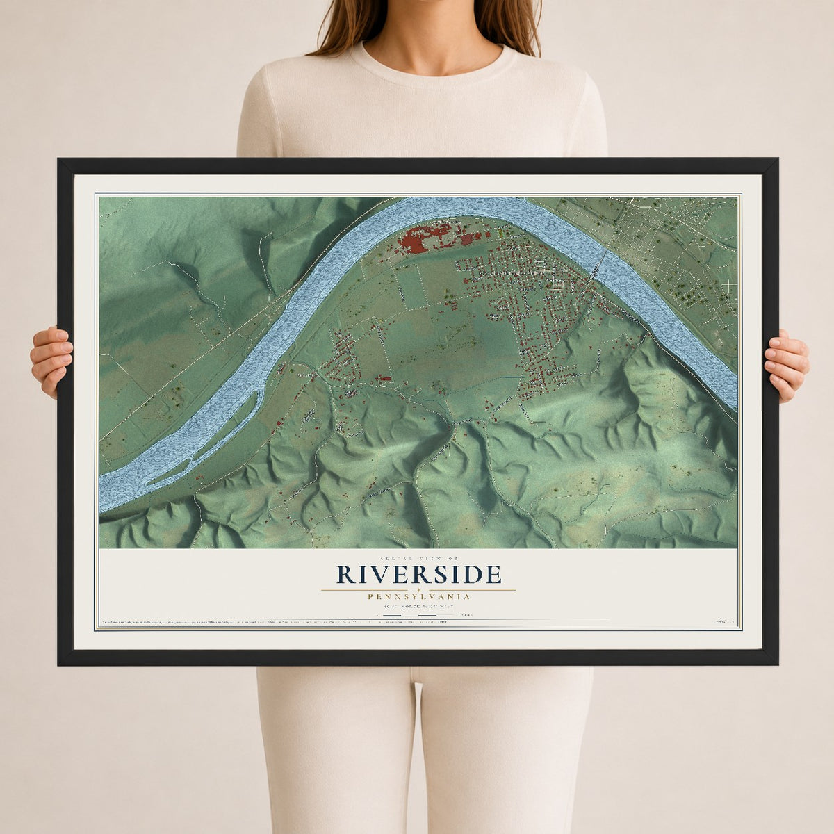 Map of Riverside, Pennsylvania, 24 x 36 inch print in a black wood frame
