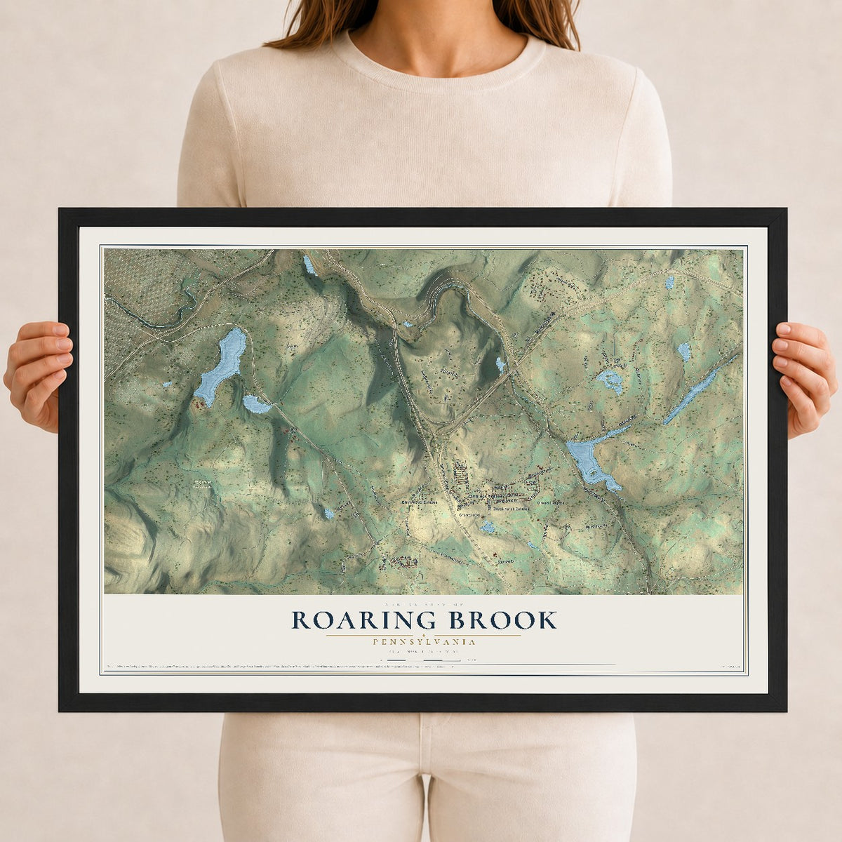Map of Roaring Brook, Pennsylvania, 12 x 18 inch print in a black wood frame
