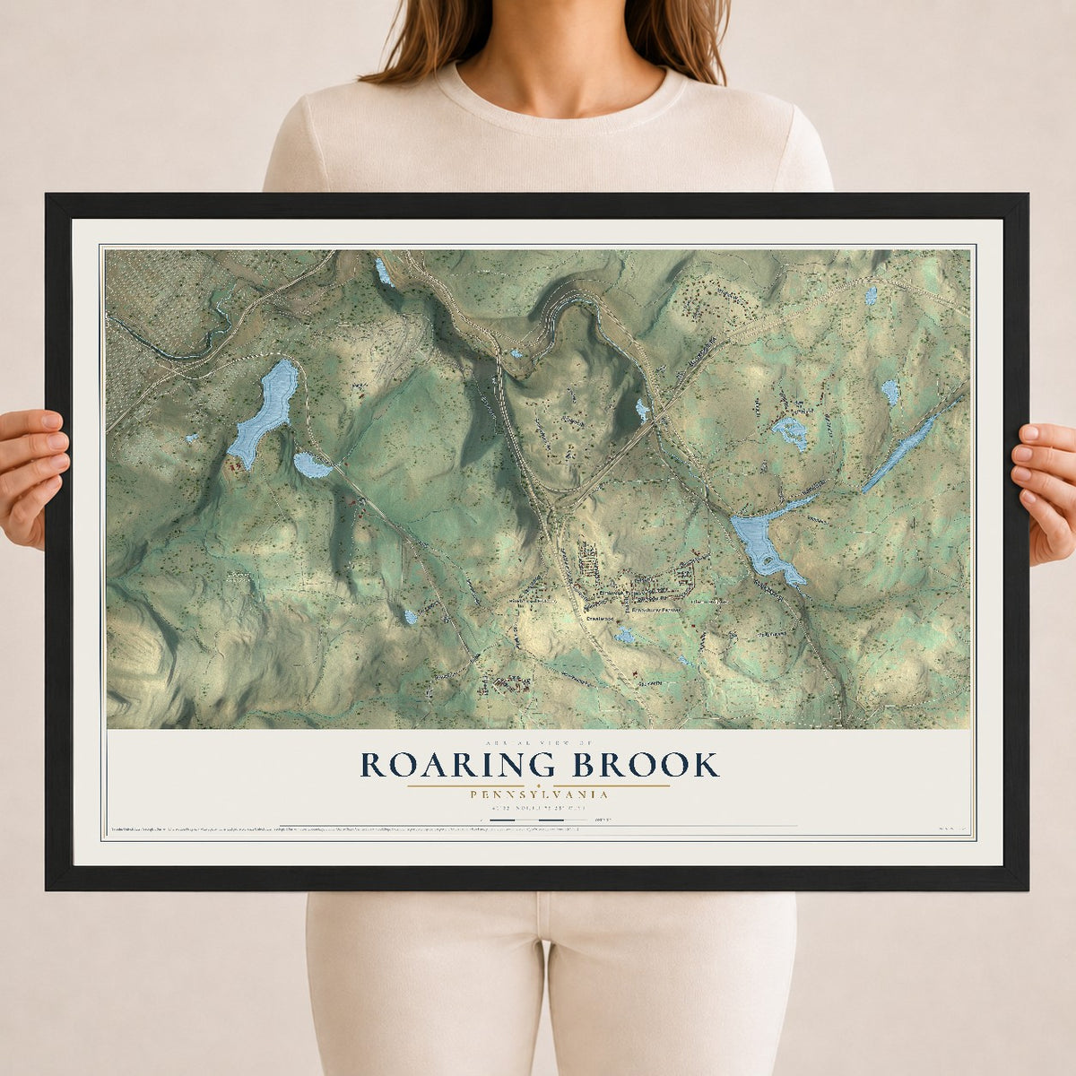 Map of Roaring Brook, Pennsylvania, 18 x 24 inch print in a black wood frame