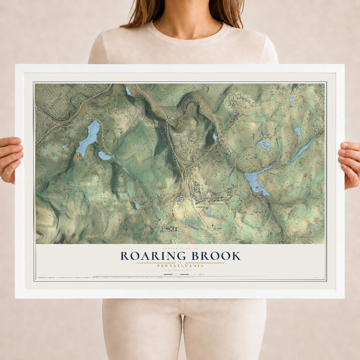 Map of Roaring Brook, Pennsylvania, 18 x 24 inch print in a white wood frame