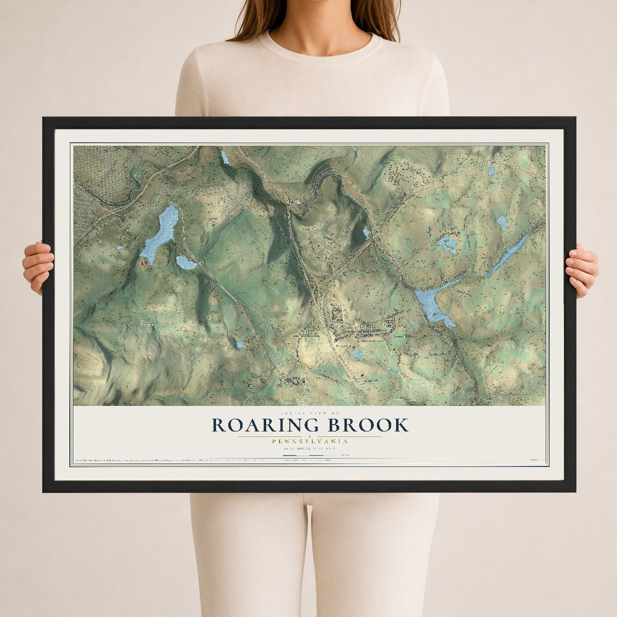 Map of Roaring Brook, Pennsylvania, 24 x 36 inch print in a black wood frame
