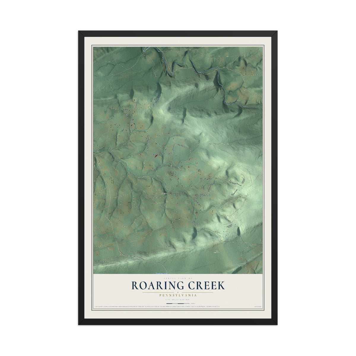 Map of Roaring Creek, Pennsylvania, 12 x 18 inch print in a black wood frame