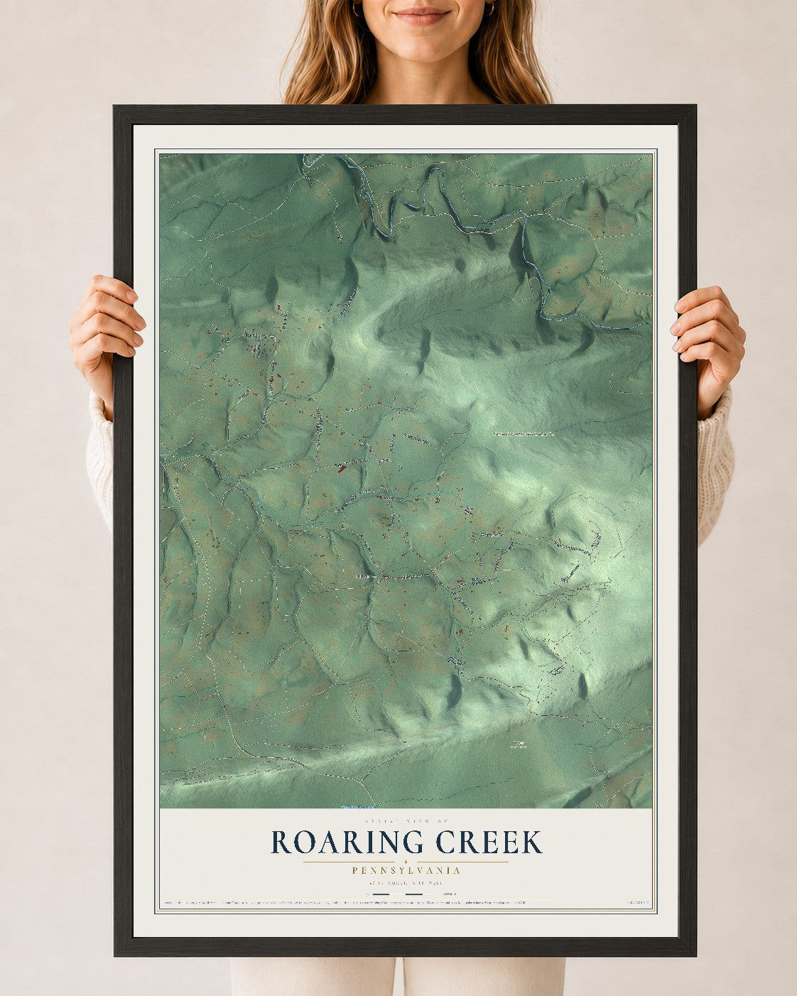 Map of Roaring Creek, Pennsylvania, 24 x 36 inch print in a black wood frame