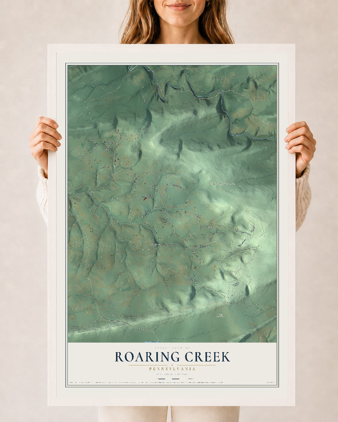Map of Roaring Creek, Pennsylvania, 24 x 36 inch print in a white wood frame
