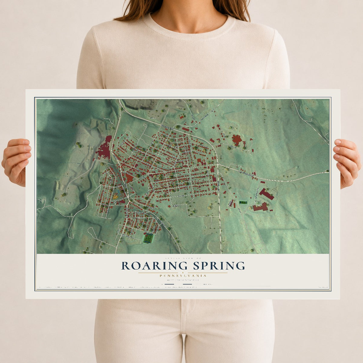 Map of Roaring Spring, Pennsylvania, 12 x 18 inch unframed archival matte print