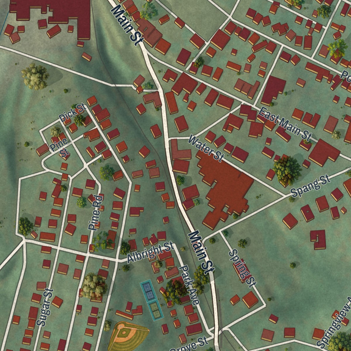 Second close-up of the map of Roaring Spring, Pennsylvania print showing more streets and buildings