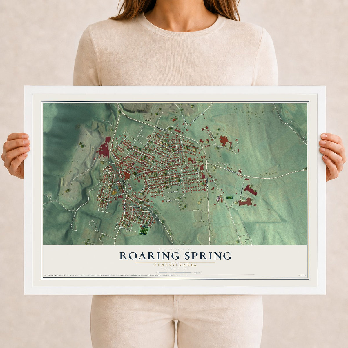 Map of Roaring Spring, Pennsylvania, 12 x 18 inch print in a white wood frame