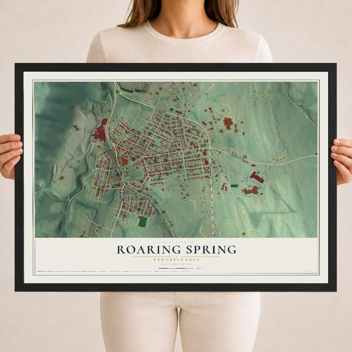 Map of Roaring Spring, Pennsylvania, 18 x 24 inch print in a black wood frame