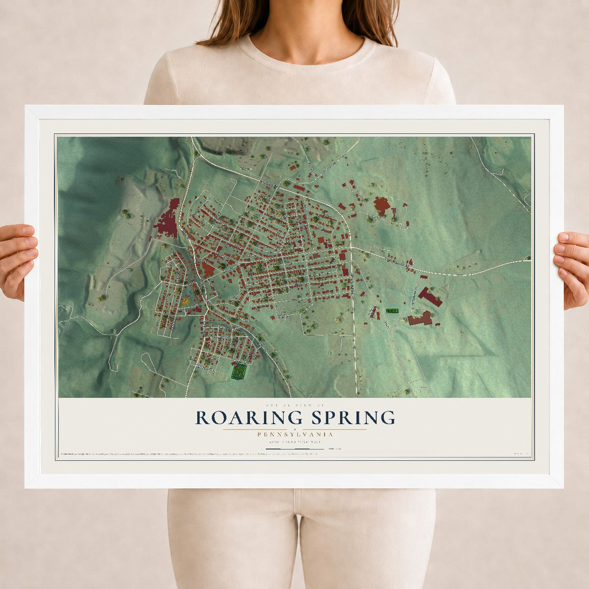 Map of Roaring Spring, Pennsylvania, 18 x 24 inch print in a white wood frame