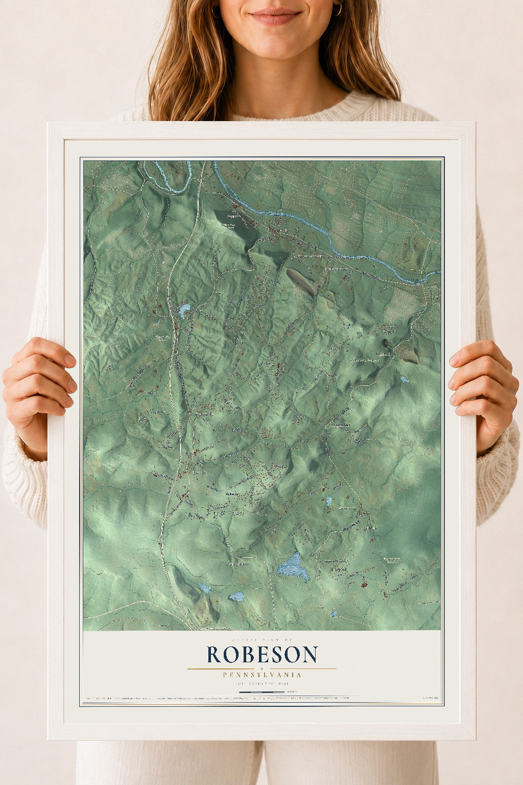 Map of Robeson, Pennsylvania, 18 x 24 inch print in a white wood frame