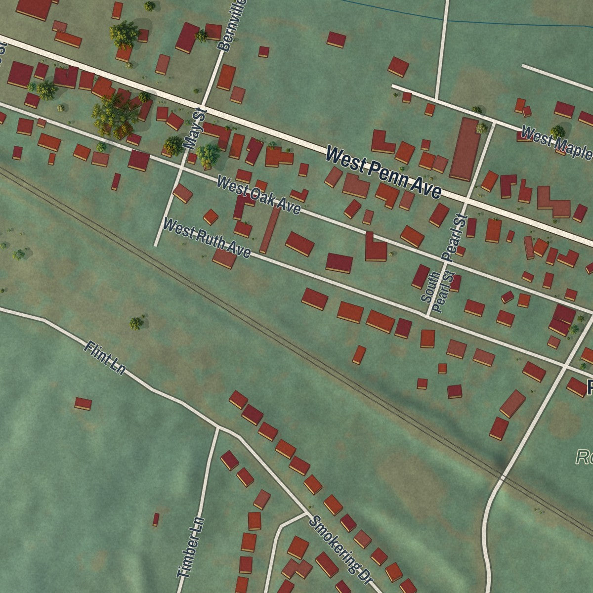 Second close-up of the map of Robesonia, Pennsylvania print showing more streets and buildings