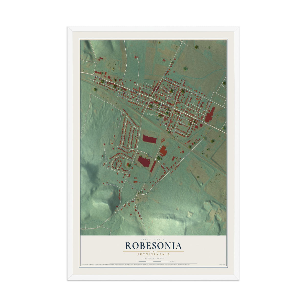 Map of Robesonia, Pennsylvania, 12 x 18 inch print in a white wood frame