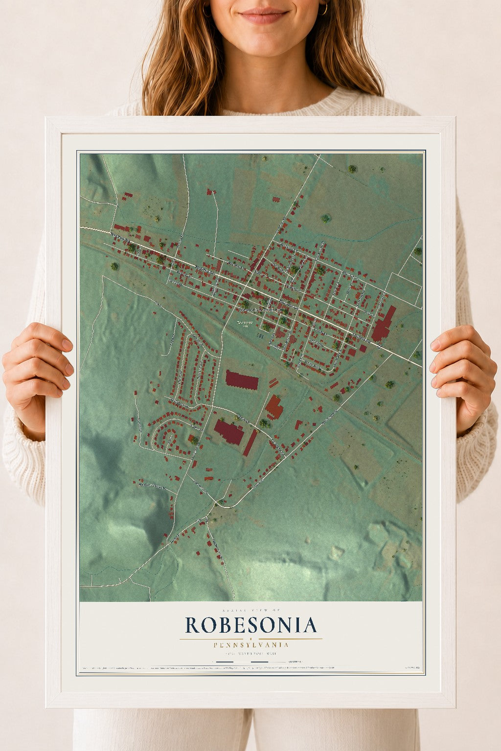 Map of Robesonia, Pennsylvania, 18 x 24 inch print in a white wood frame