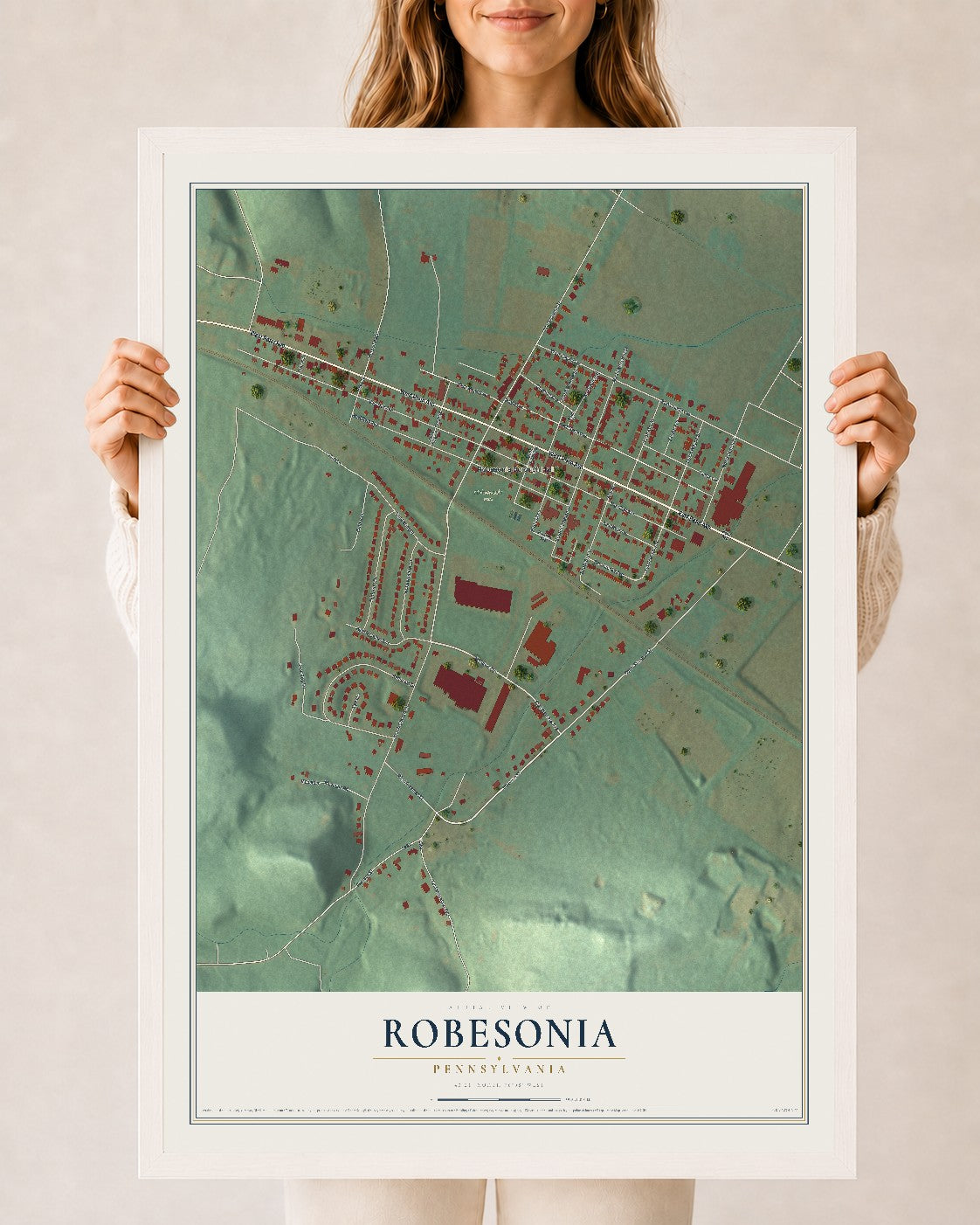 Map of Robesonia, Pennsylvania, 24 x 36 inch print in a white wood frame