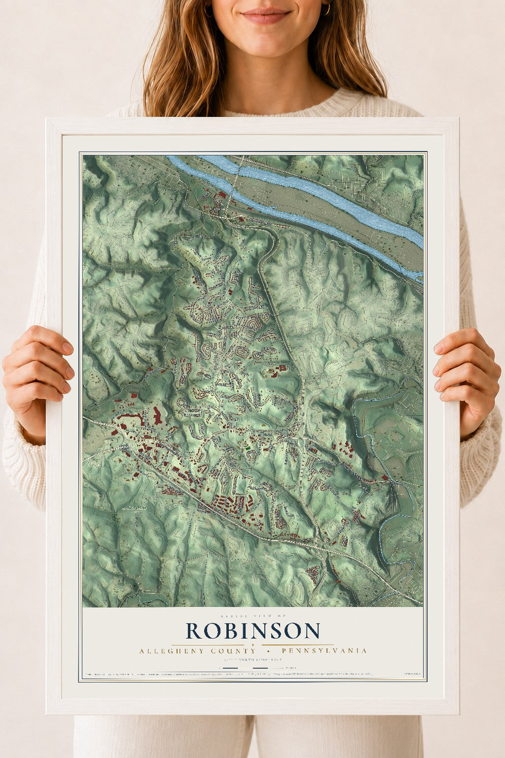 Map of Robinson, Allegheny County, Pennsylvania, 18 x 24 inch print in a white wood frame