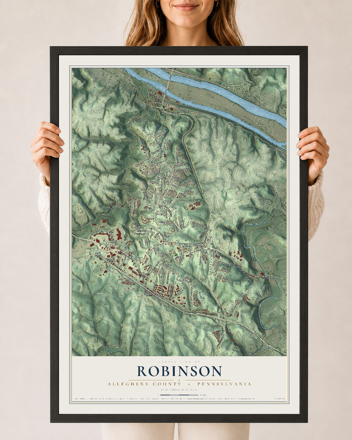 Map of Robinson, Allegheny County, Pennsylvania, 24 x 36 inch print in a black wood frame