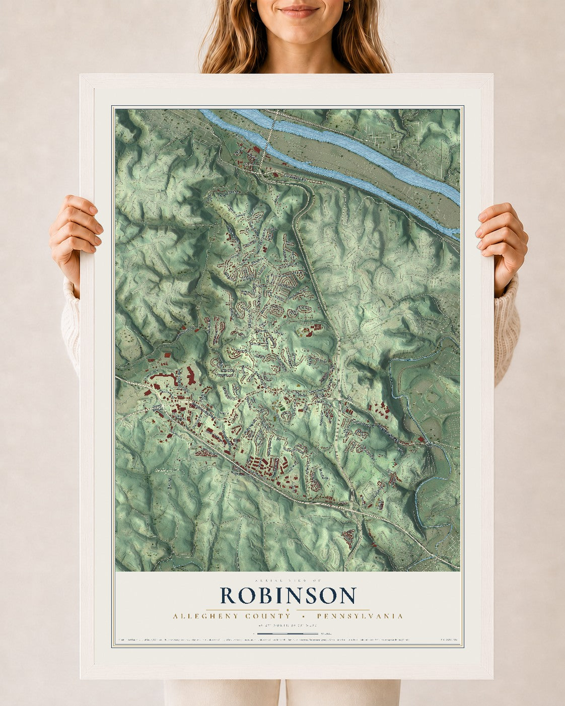 Map of Robinson, Allegheny County, Pennsylvania, 24 x 36 inch print in a white wood frame
