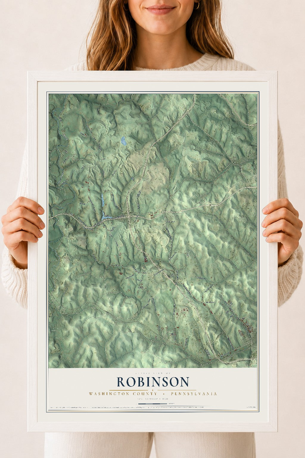 Map of Robinson, Washington County, Pennsylvania, 18 x 24 inch print in a white wood frame