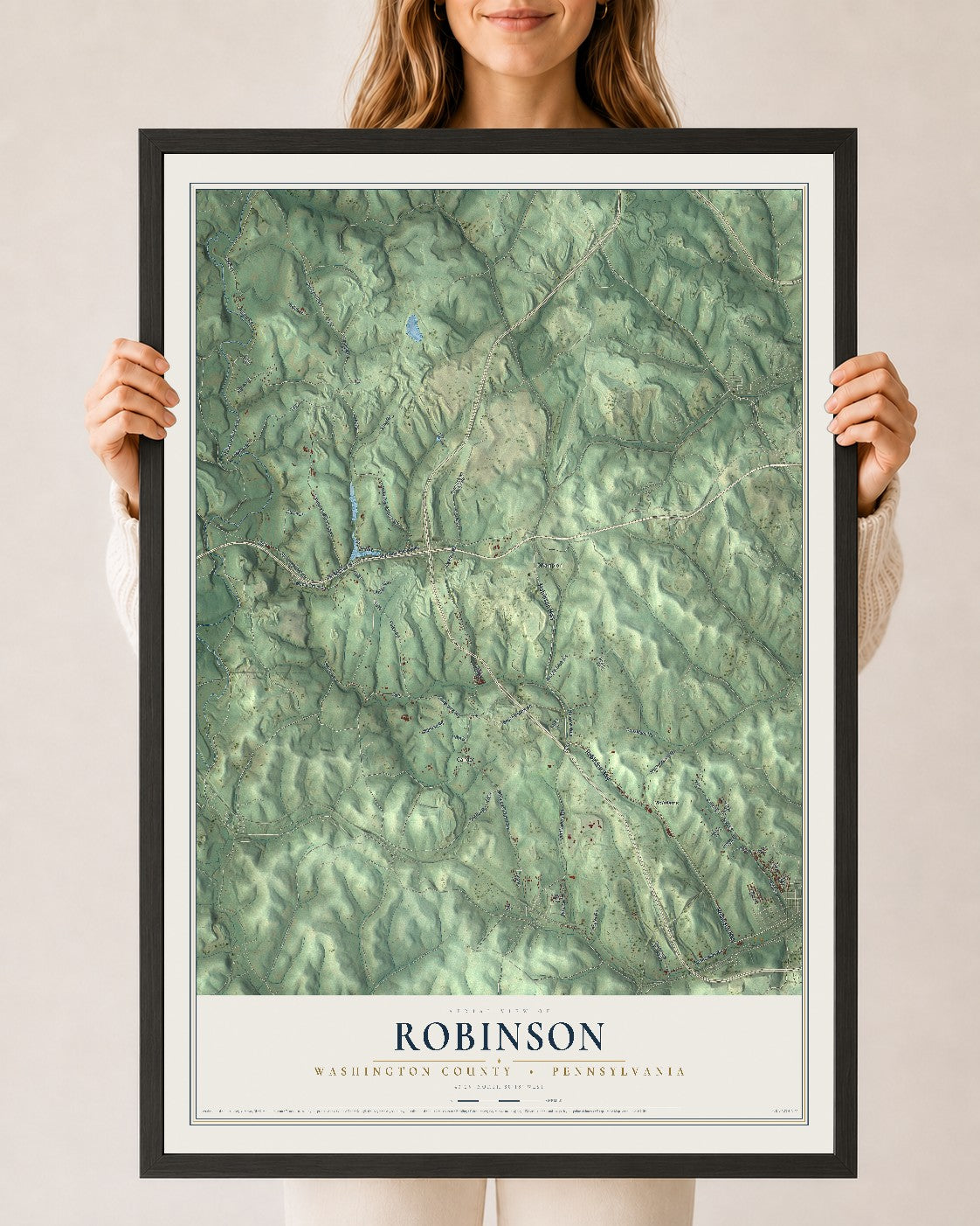 Map of Robinson, Washington County, Pennsylvania, 24 x 36 inch print in a black wood frame