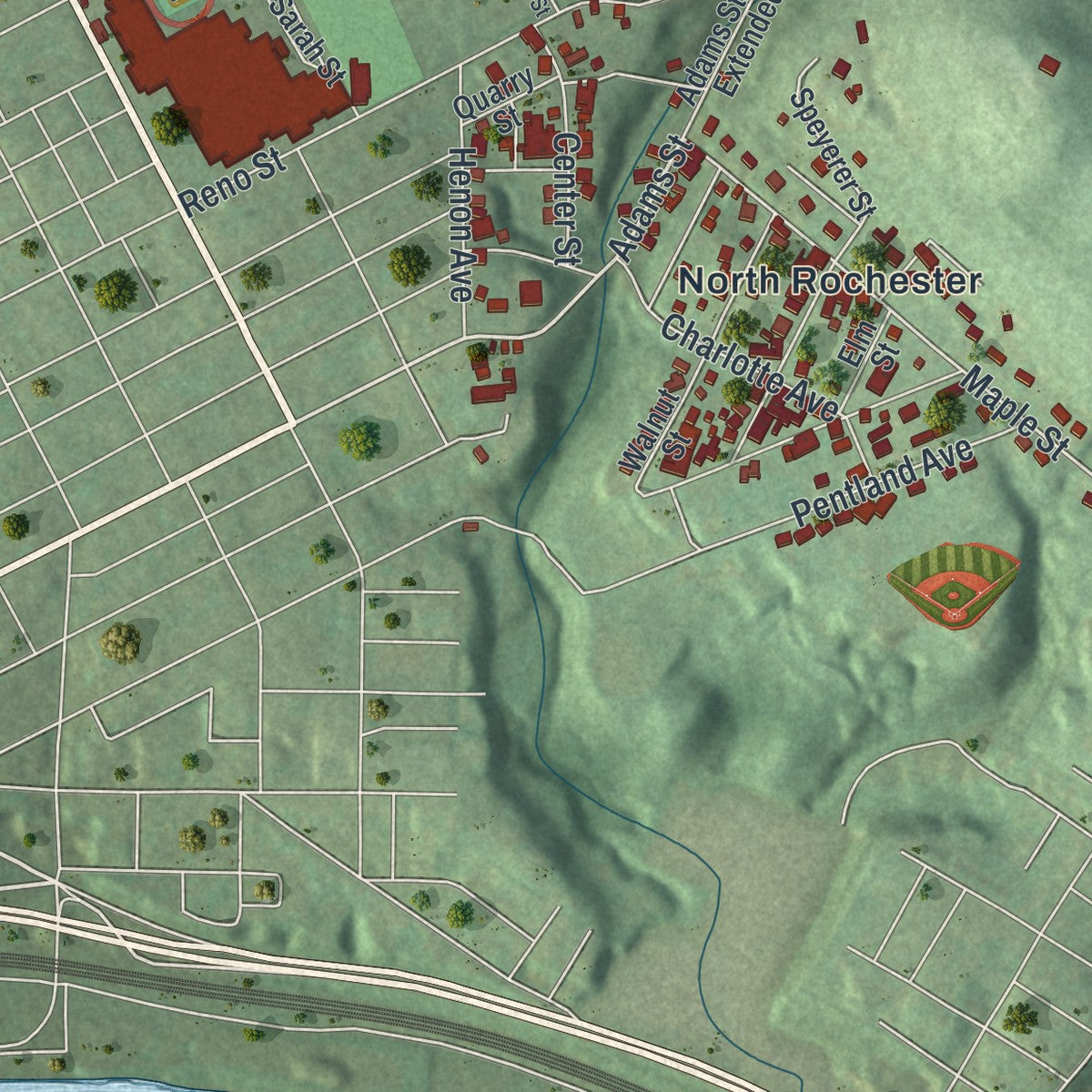Second close-up of the map of Rochester, Beaver County, Pennsylvania print showing more streets and buildings