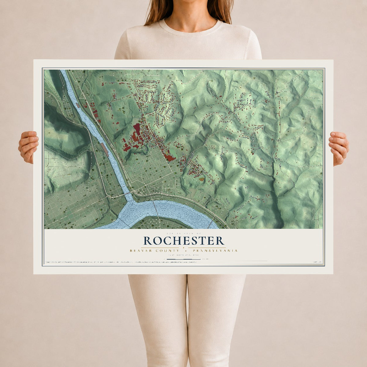 Map of Rochester, Beaver County, Pennsylvania, 24 x 36 inch unframed archival matte print