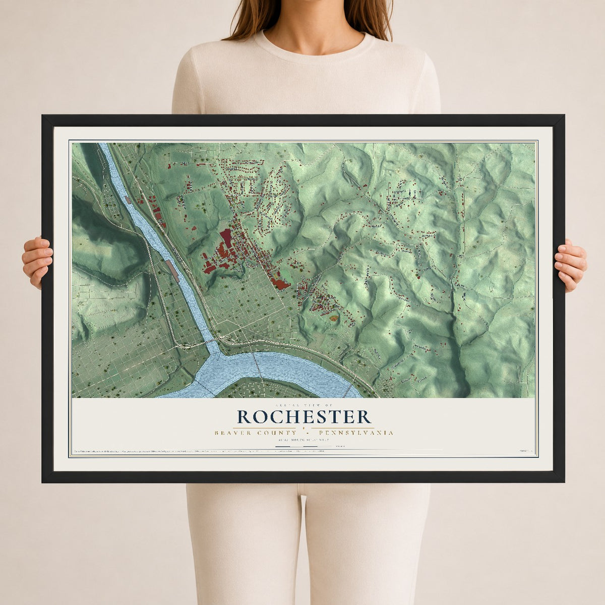Map of Rochester, Beaver County, Pennsylvania, 24 x 36 inch print in a black wood frame
