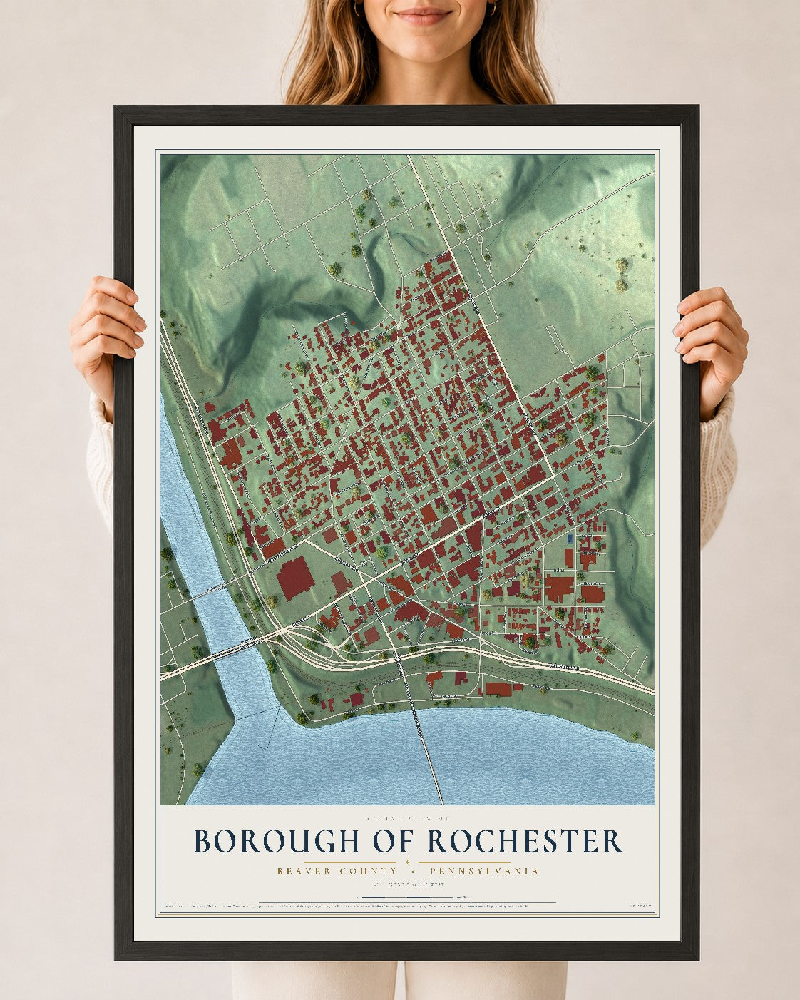 Map of the Borough of Rochester, Beaver County, Pennsylvania, 24 x 36 inch print in a black wood frame