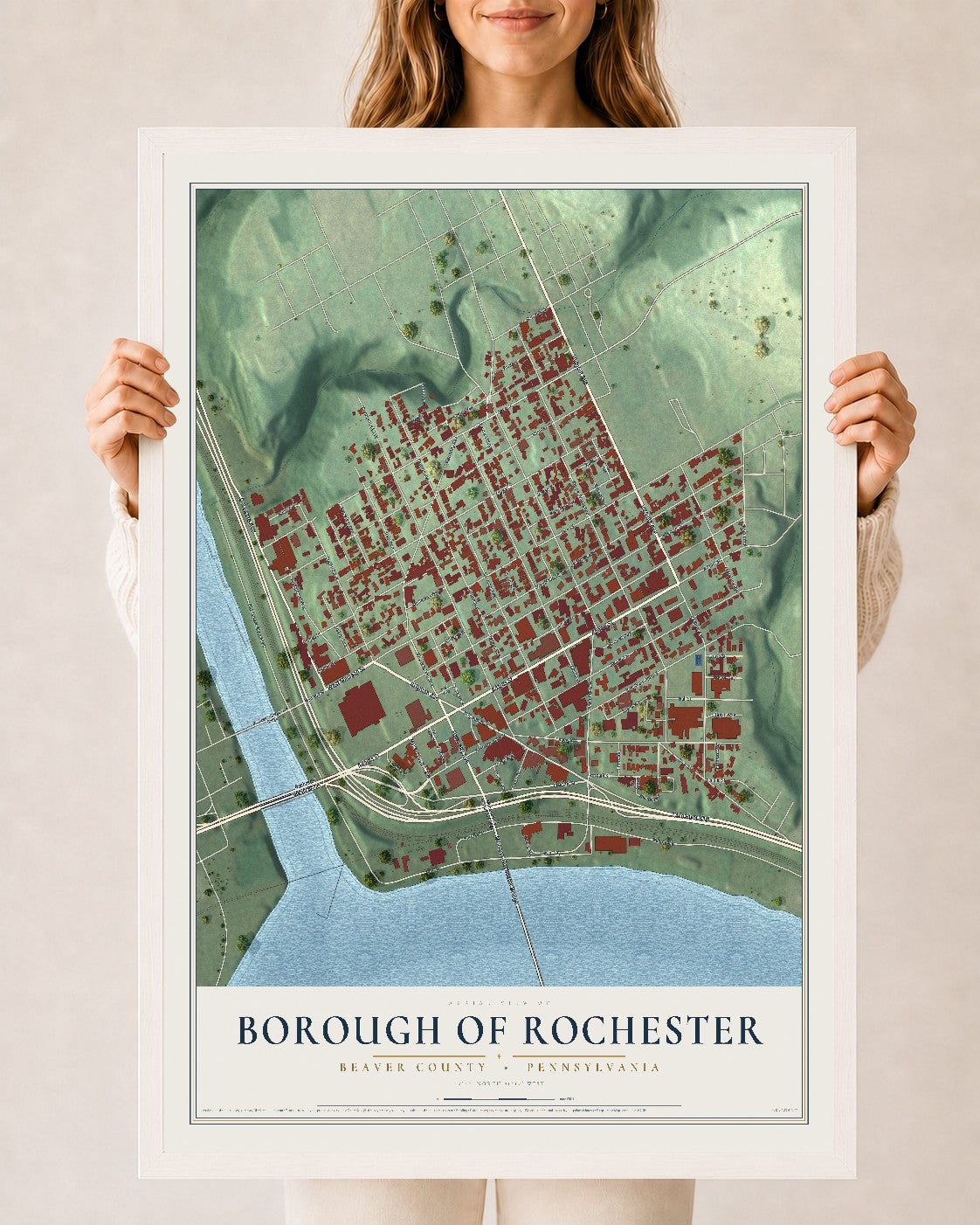 Map of the Borough of Rochester, Beaver County, Pennsylvania, 24 x 36 inch print in a white wood frame