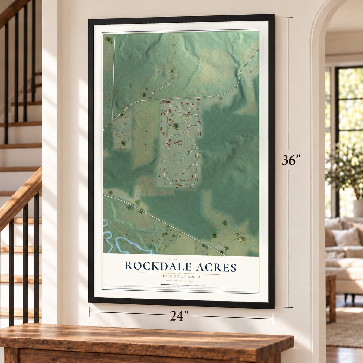 Rockdale Acres, Pennsylvania map, 24 x 36 inch print in a black frame by a staircase
