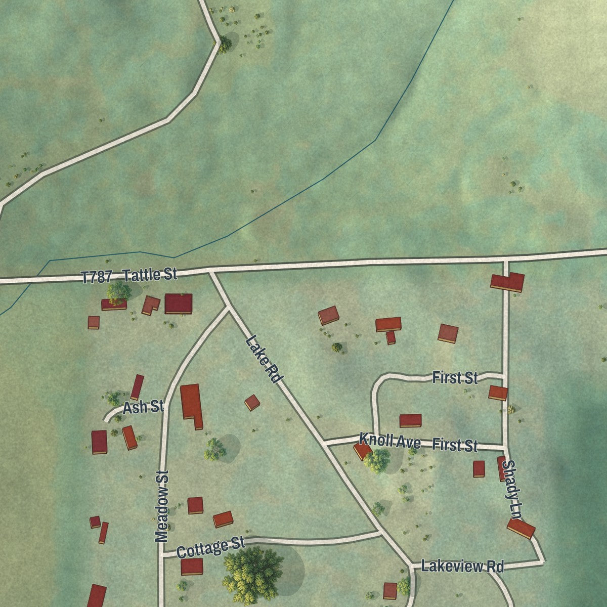 Close-up of the map of Rockdale Acres, Pennsylvania print showing street and building detail