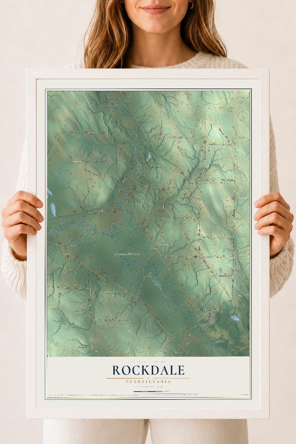 Map of Rockdale, Pennsylvania, 18 x 24 inch print in a white wood frame