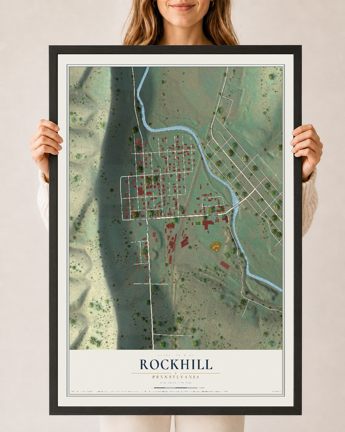 Map of Rockhill, Pennsylvania, 24 x 36 inch print in a black wood frame