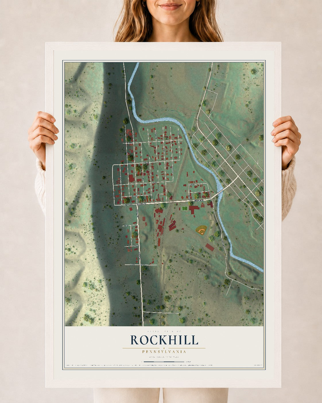 Map of Rockhill, Pennsylvania, 24 x 36 inch print in a white wood frame
