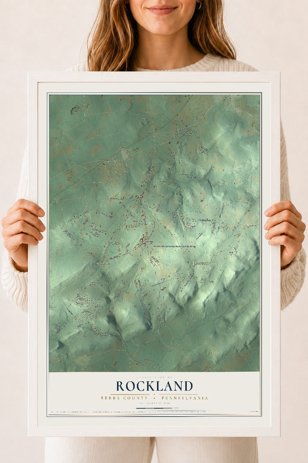 Map of Rockland, Berks County, Pennsylvania, 18 x 24 inch print in a white wood frame