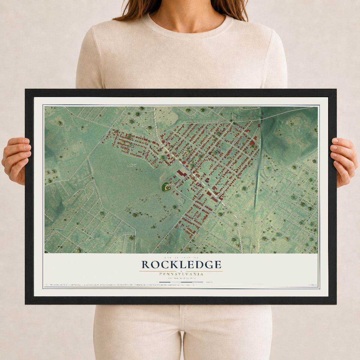 Map of Rockledge, Pennsylvania, 12 x 18 inch print in a black wood frame