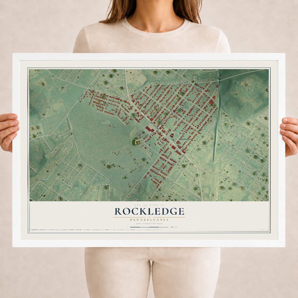 Map of Rockledge, Pennsylvania, 18 x 24 inch print in a white wood frame