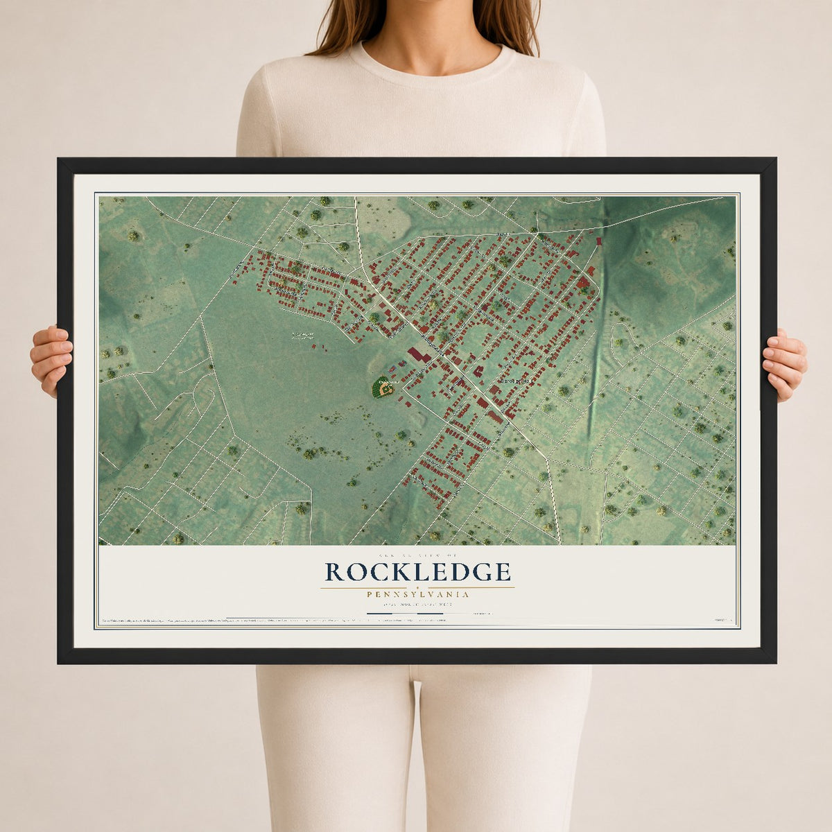 Map of Rockledge, Pennsylvania, 24 x 36 inch print in a black wood frame