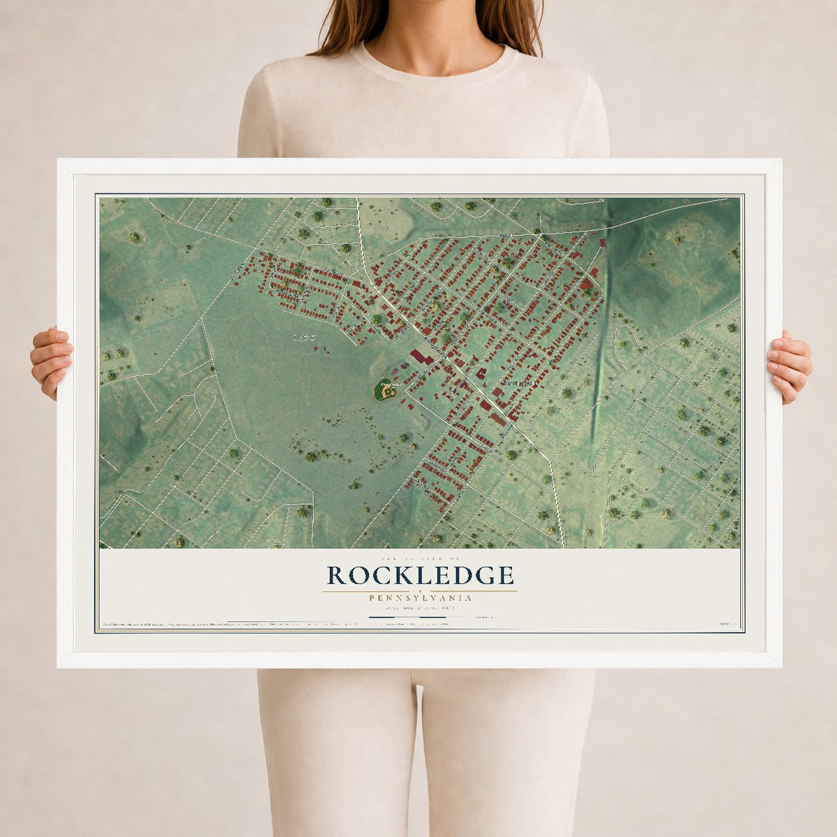 Map of Rockledge, Pennsylvania, 24 x 36 inch print in a white wood frame