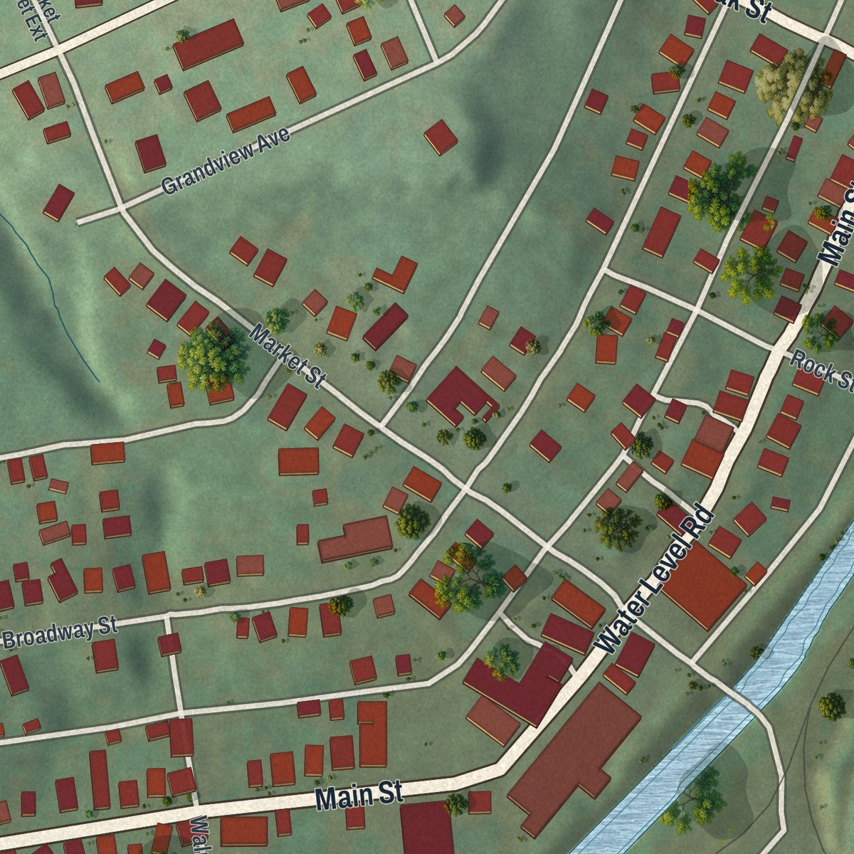 Close-up of the map of Rockwood, Pennsylvania print showing street and building detail