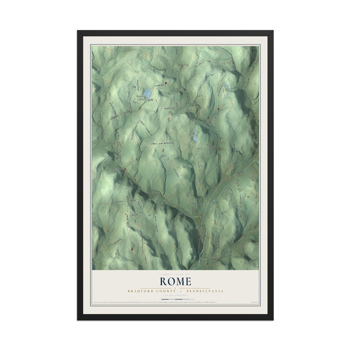 Map of Rome, Bradford County, Pennsylvania, 12 x 18 inch print in a black wood frame