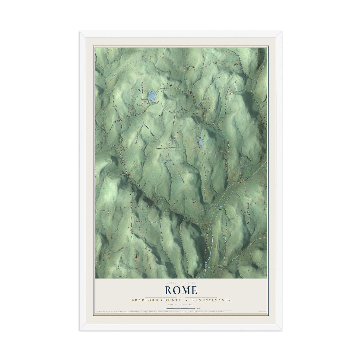 Map of Rome, Bradford County, Pennsylvania, 12 x 18 inch print in a white wood frame