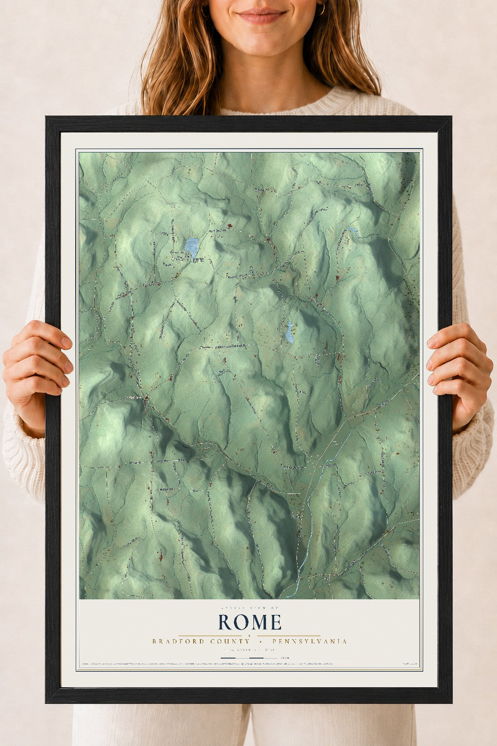 Map of Rome, Bradford County, Pennsylvania, 18 x 24 inch print in a black wood frame