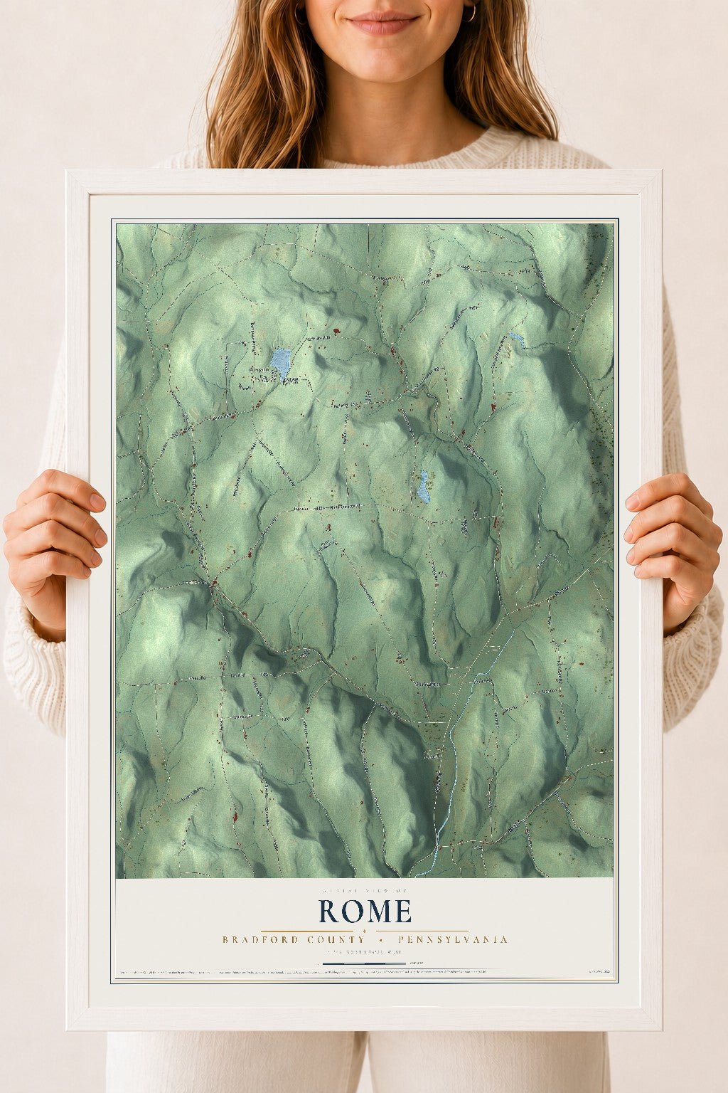 Map of Rome, Bradford County, Pennsylvania, 18 x 24 inch print in a white wood frame