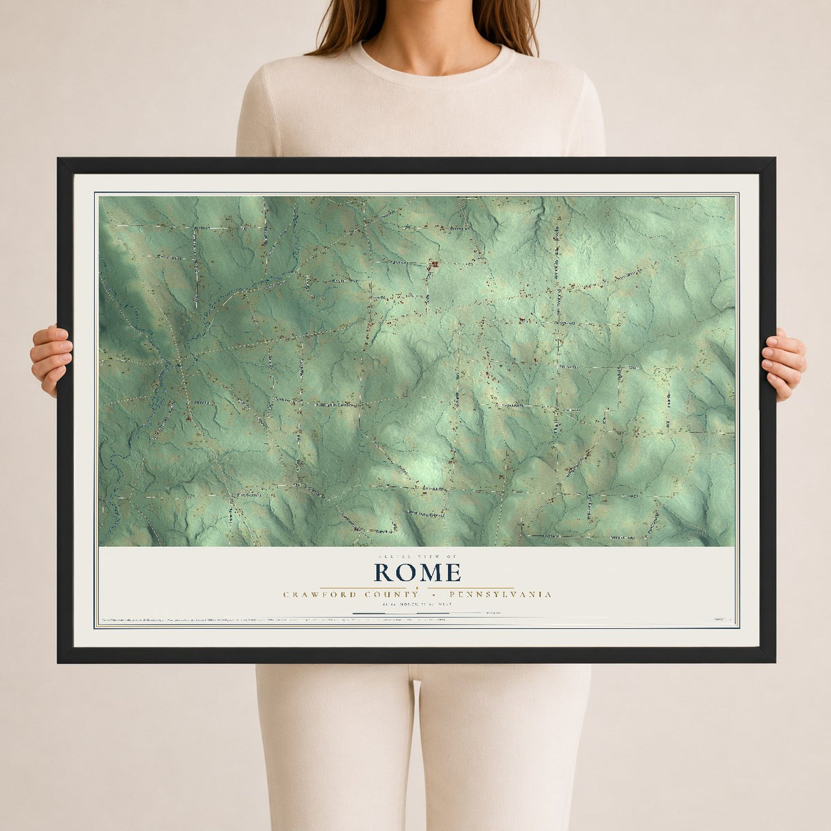 Map of Rome, Crawford County, Pennsylvania, 24 x 36 inch print in a black wood frame