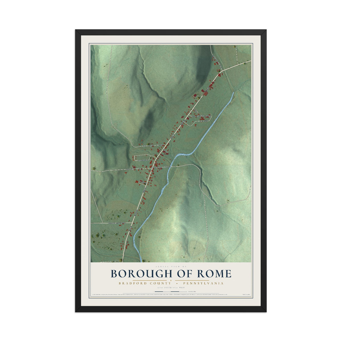 Map of the Borough of Rome, Bradford County, Pennsylvania, 12 x 18 inch print in a black wood frame