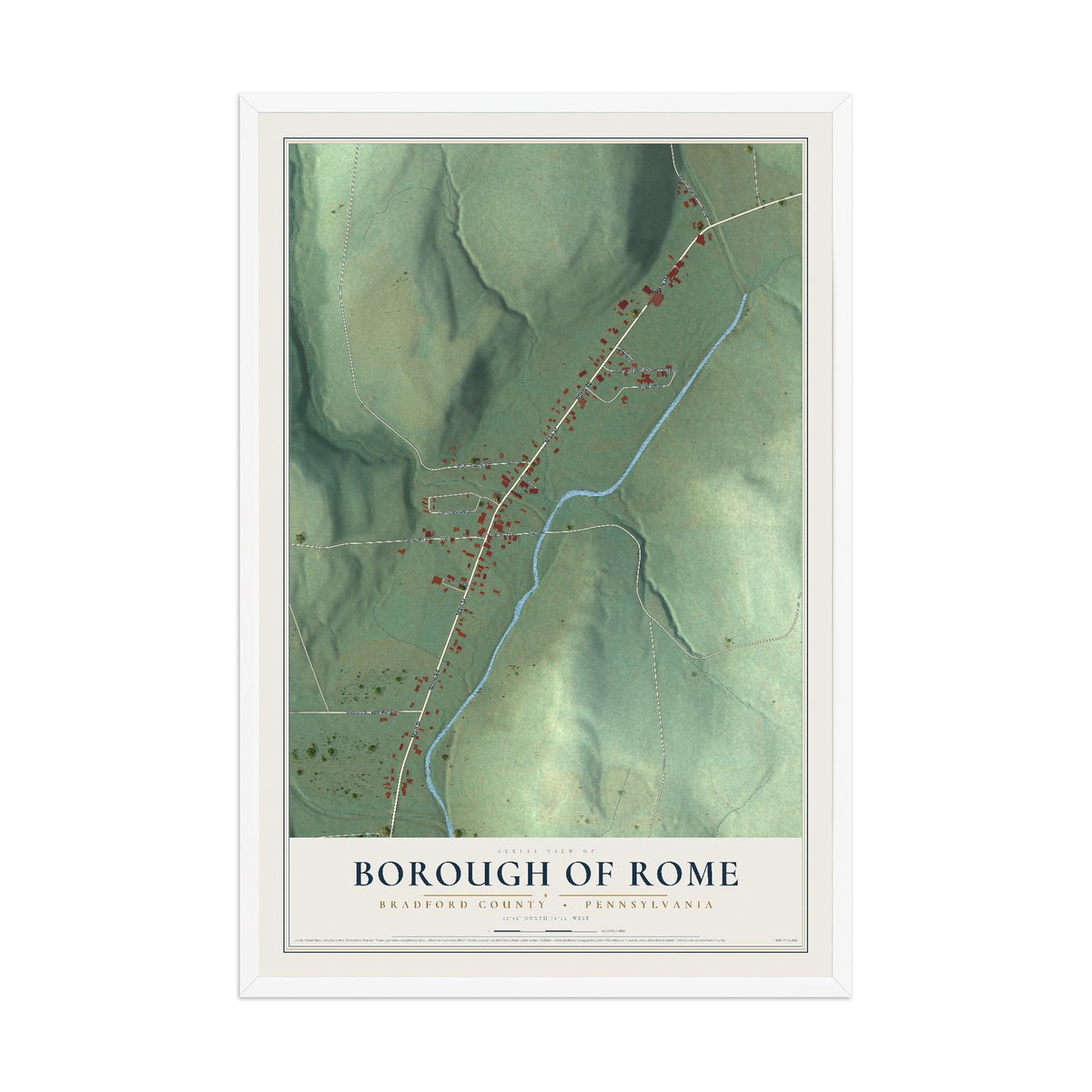 Map of the Borough of Rome, Bradford County, Pennsylvania, 12 x 18 inch print in a white wood frame