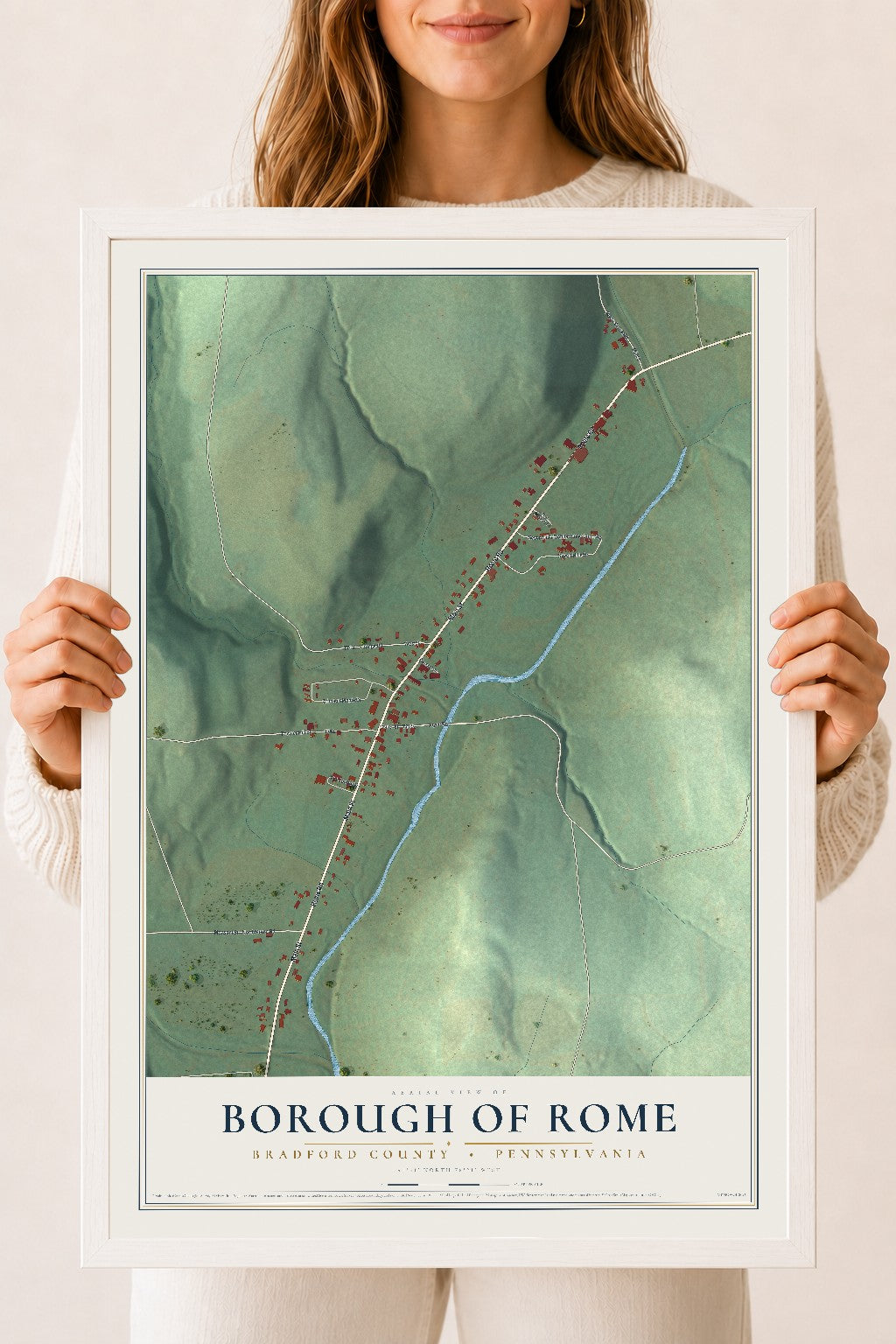 Map of the Borough of Rome, Bradford County, Pennsylvania, 18 x 24 inch print in a white wood frame