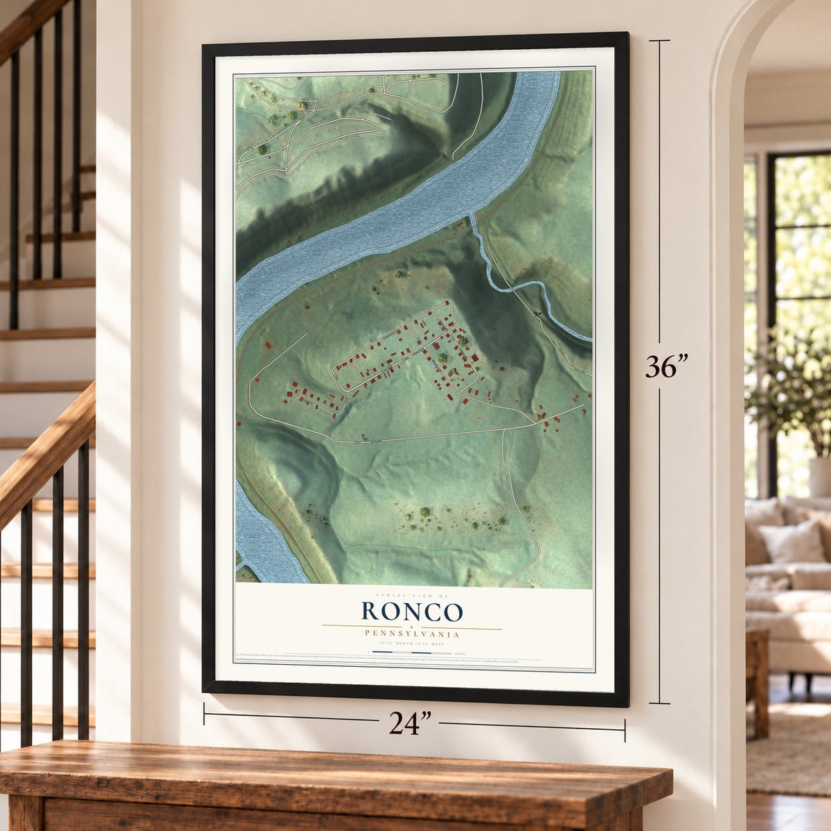 Ronco, Pennsylvania map, 24 x 36 inch print in a black frame by a staircase