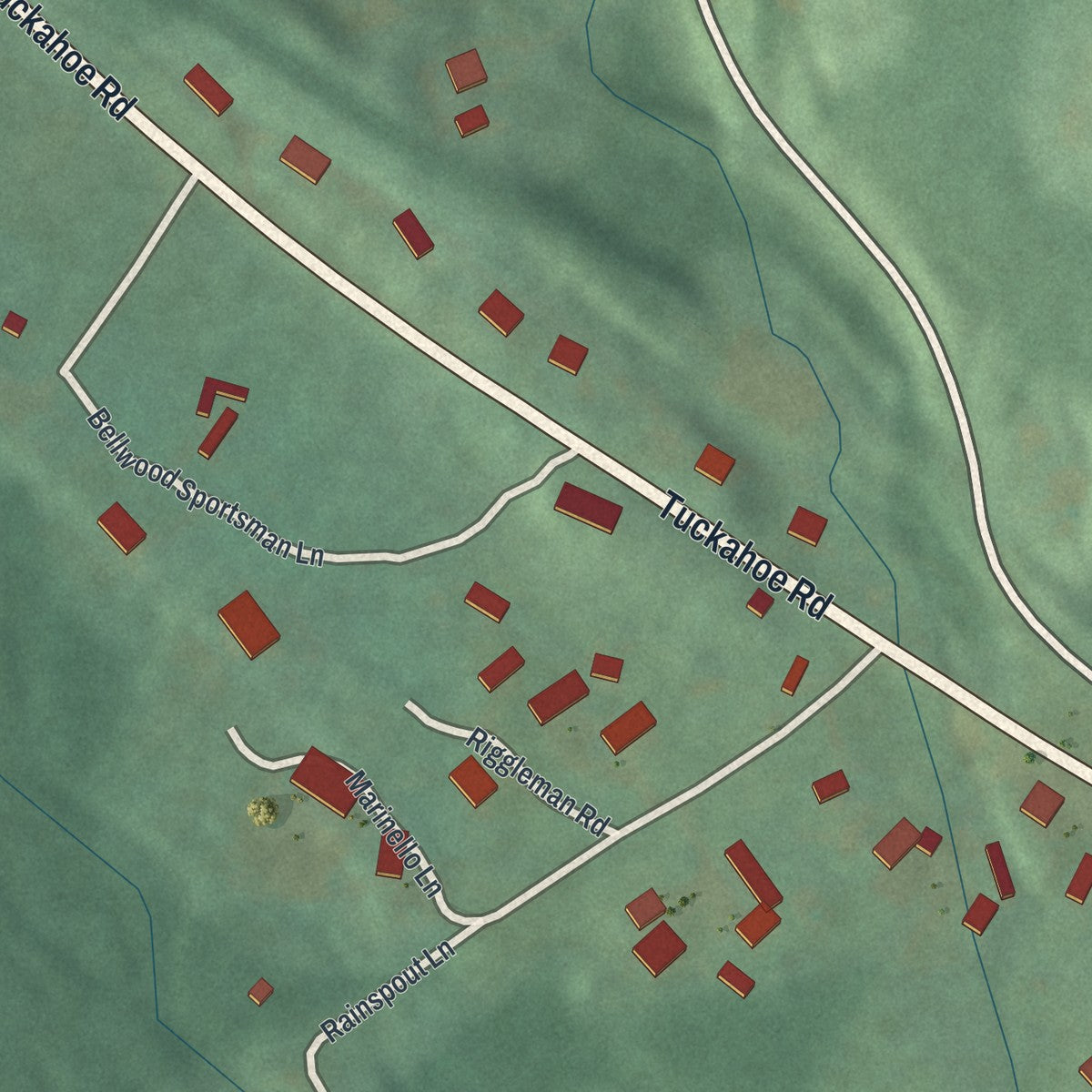 Close-up of the map of Roots, Pennsylvania print showing street and building detail